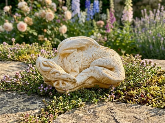 Sleeping Dragon Stone Garden Ornament in Sandstone
