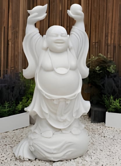 Cheering Buddha Garden Statue in White