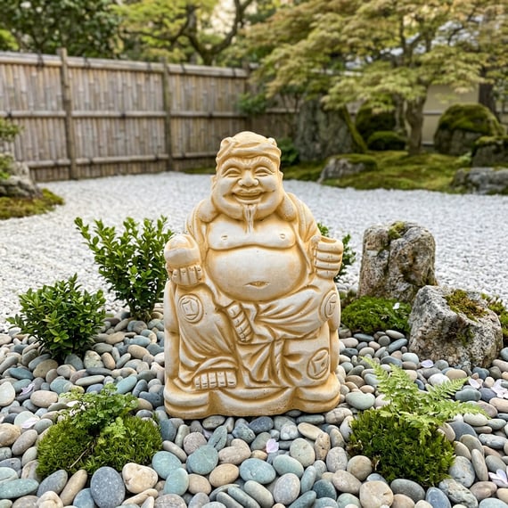 Earth Buddha garden ornament in sandstone finish displayed in a zen garden setting