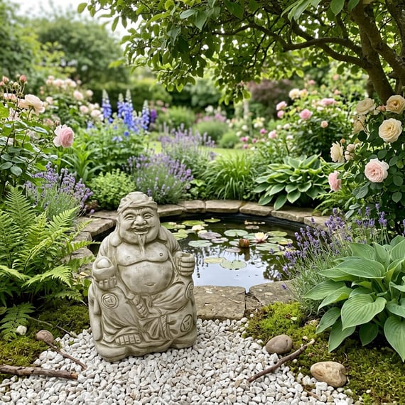 Earth Buddha Garden Ornament in a British garden setting beside a pond