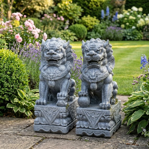 Pair of Extra Large Foo Dog Garden Statues in Grey