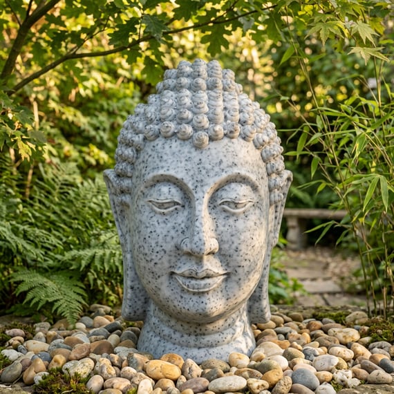 Medium Thai Buddha Head Garden Statue in Grey