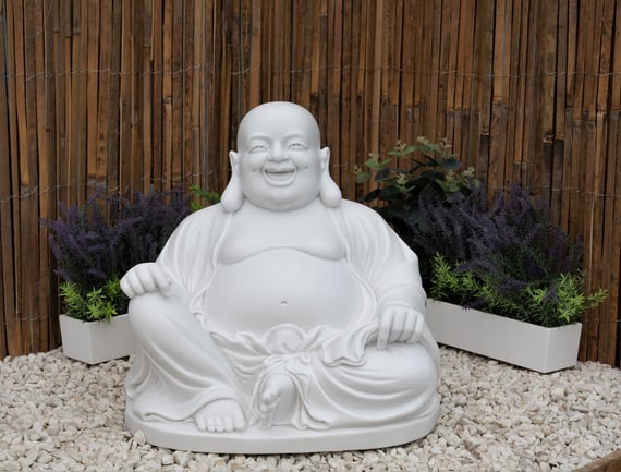 Large Laughing Buddha Garden Statue in White - Original Photo