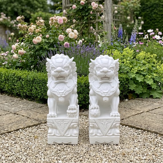 Pair of Large Foo Dog Garden Statues in White