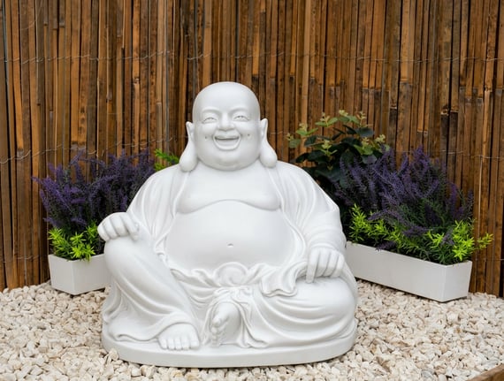Large Laughing Buddha Garden Statue in White