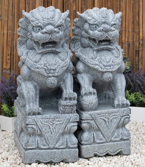 Pair of Foo Dog Garden Statues in Grey - Original View