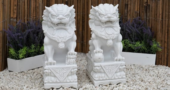 Pair of Foo Dog Garden Statues in White - Original Product Photo