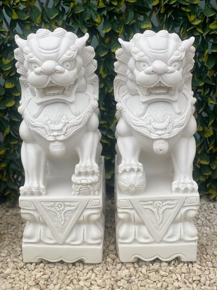 Pair of Large Foo Dog Garden Statues in White - Original Product Photo