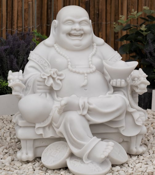 Wealthy Sitting Buddha Garden Statue in White - Original Photo