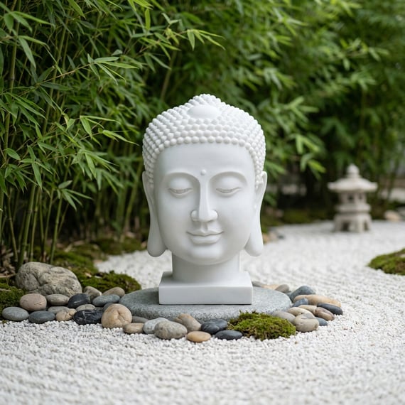 Extra Large White Buddha Head garden statue displayed in a zen garden with raked sand and river stones