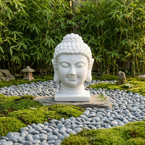 Medium Buddha Head Garden Statue in White