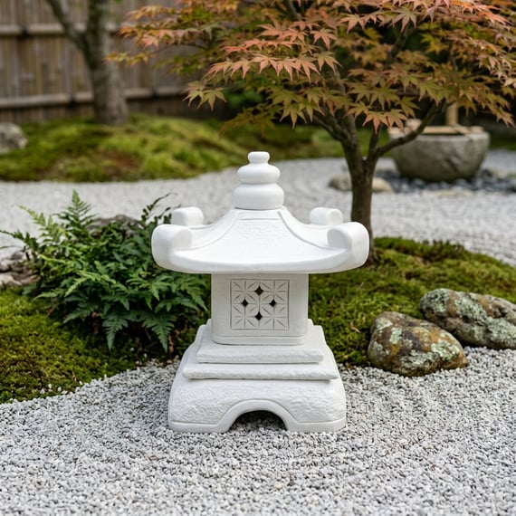 Chinese Pagoda Garden Ornament in White in a Japanese zen garden setting