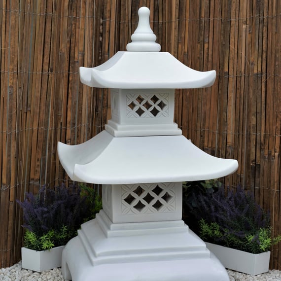 2 Tier Pagoda Garden Ornament in White - studio view with bamboo backdrop