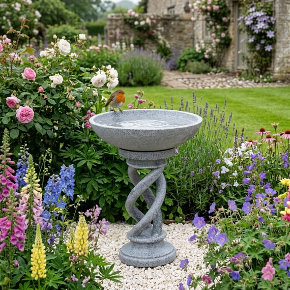 Spiral Stone Birdbath in Grey