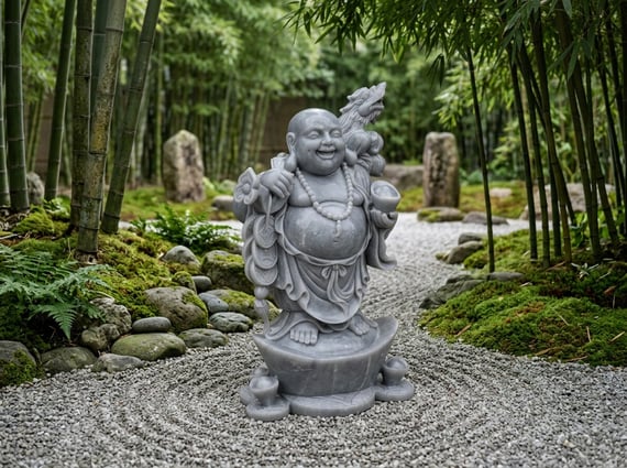 Wealthy Standing Buddha Garden Statue in Grey