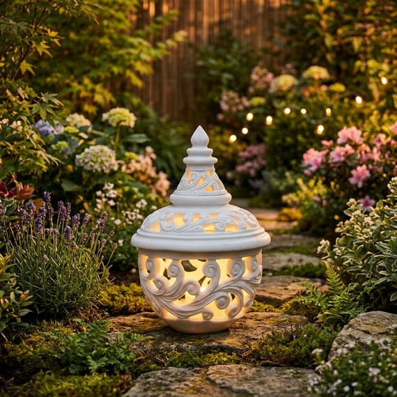 White Garden Lantern Ornament in Evening Garden Setting