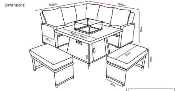 Lichfield Campania Casual Sofa Set with FIrepit Dimensions
