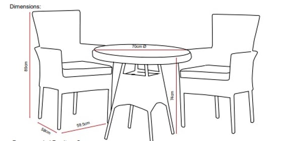 Lichfield Novelda 2 Seat Rattan Bistro Set Dimensions