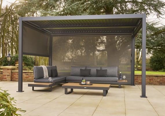 Nexus Grey Aluminium Pergola - Louvres Closed with Side Screen Down