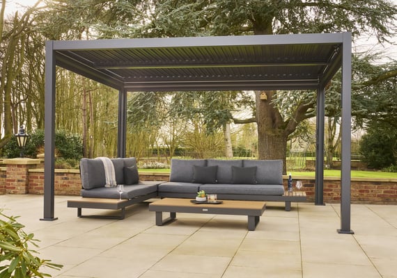 Nexus Grey Louvred Pergola with Corner Sofa Set in Walled Garden