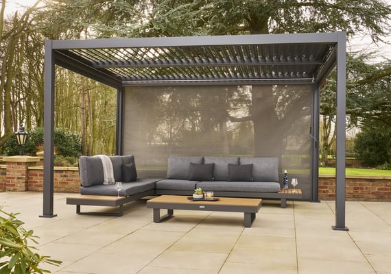 Nexus Grey Pergola - Right Side Screen Down, Roof Louvres Open