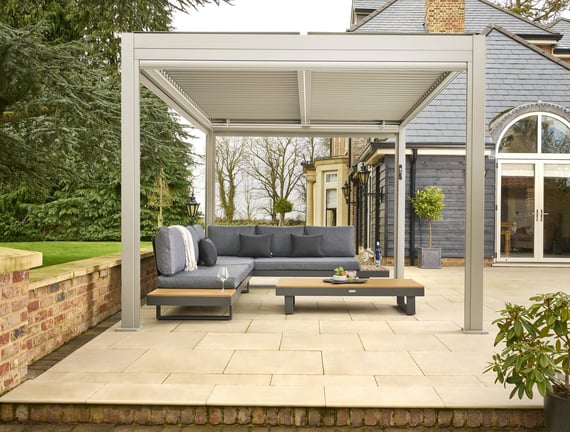Nexus Beige Louvred Pergola - Period House Patio Front View