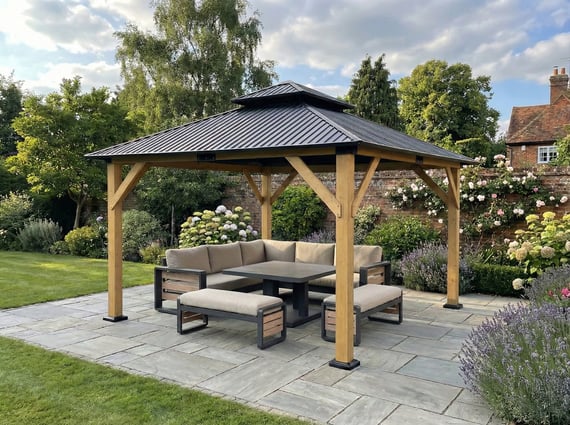 Ottawa Cedar Gazebo with Aylsham Corner Sofa Dining Set