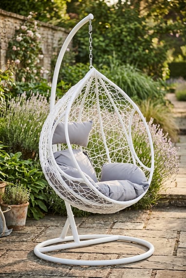 Goa White Rattan Effect Hanging Chair with Grey Cushions