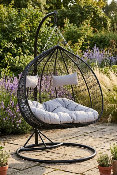 Goa Black Rattan Effect Double Hanging Chair With Grey Cushions