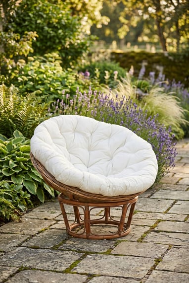 Manado Round Grey Kubu Rattan Papasan Chair with Cream Cushion