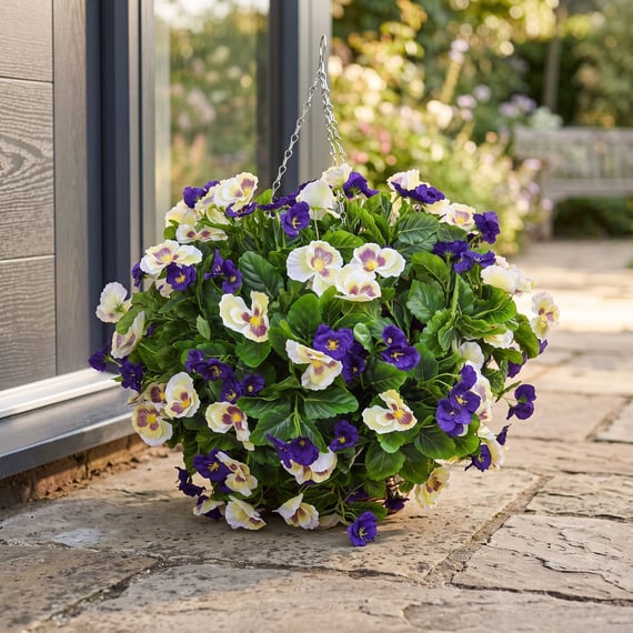 Artificial Pansy Medium Ball Purple White 30cm