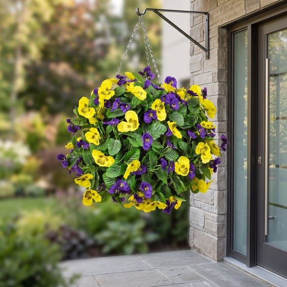 Artificial Pansy Medium Ball Purple Yellow 30cm