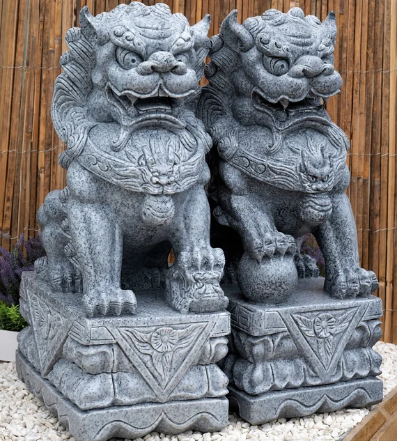 Pair of Extra Large Foo Dog Garden Statues in Grey