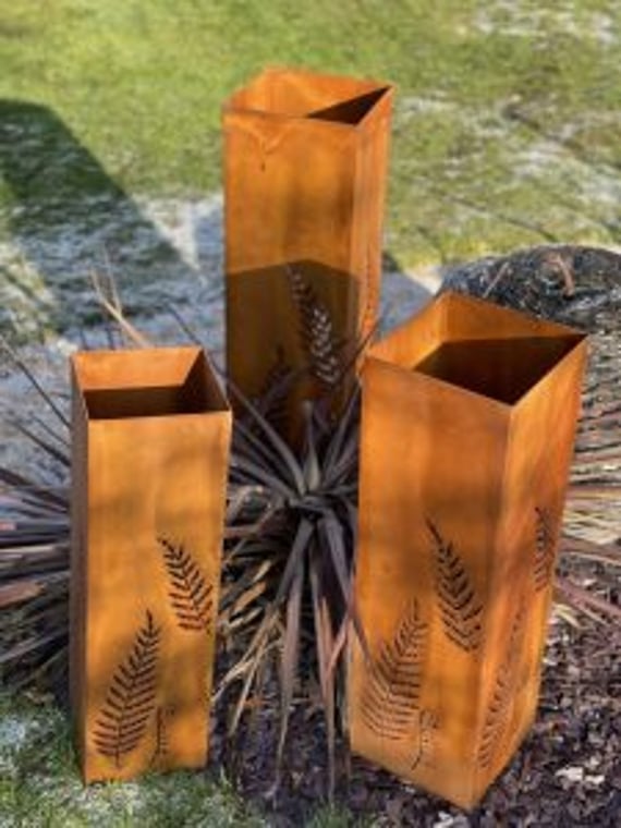 Set of Three Small Fern Steel Garden Columns