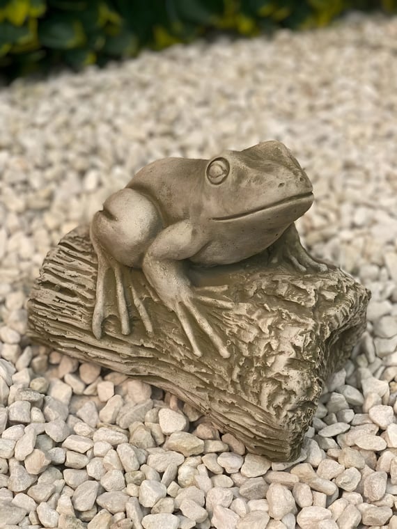 Frog on a Log Stone Garden Ornament in Stone