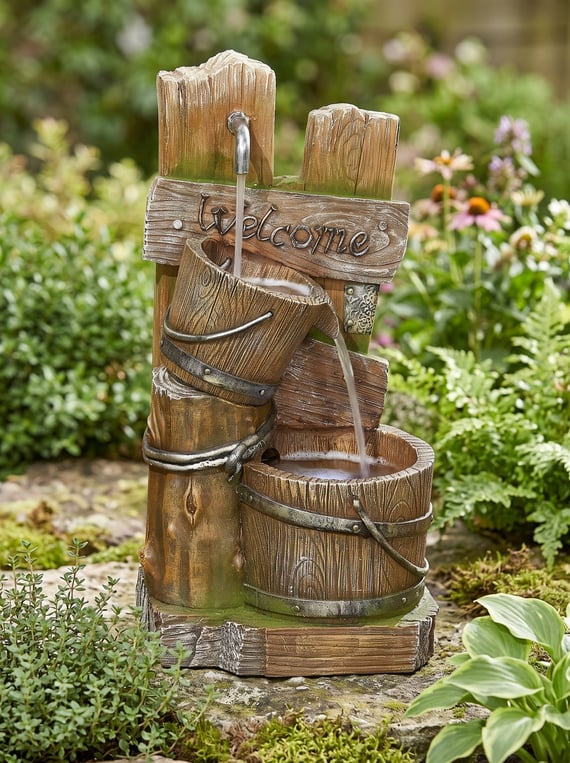 Rustic Post Pours Water Feature with LED