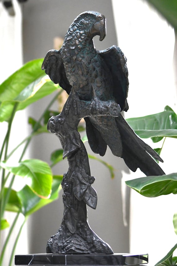 Parrot on Marble Base Metal Garden Ornament