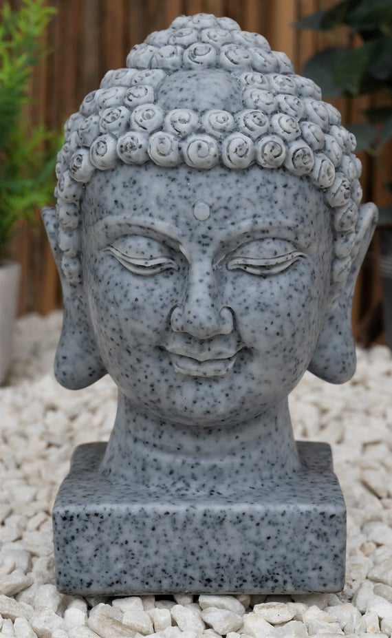 Medium Buddha Head Garden Statue in Grey