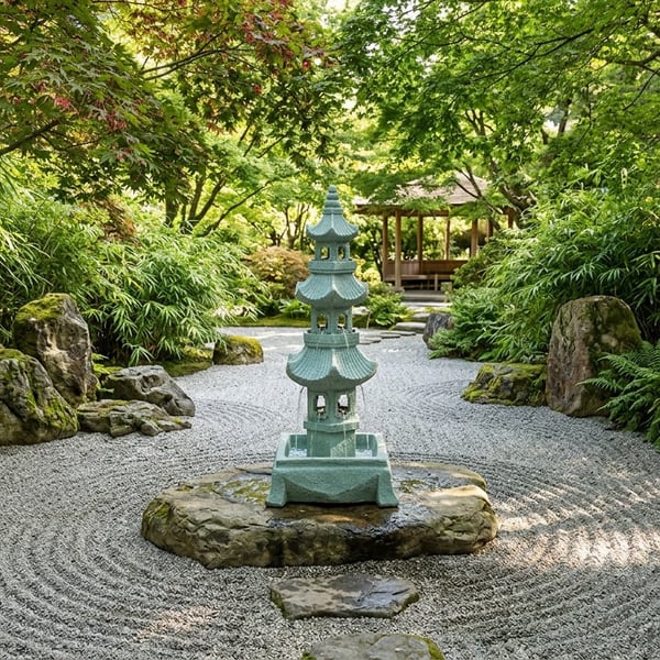 Temple self contained stone water feature in a zen garden setting with a pagoda-style stone lantern top