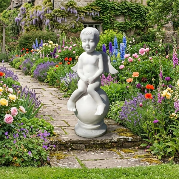 Patient Cherub Garden Ornament seated on a smooth sphere in a bright white finish