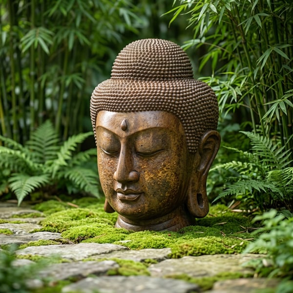 Grand Buddha Head cast-stone statue in a zen garden setting