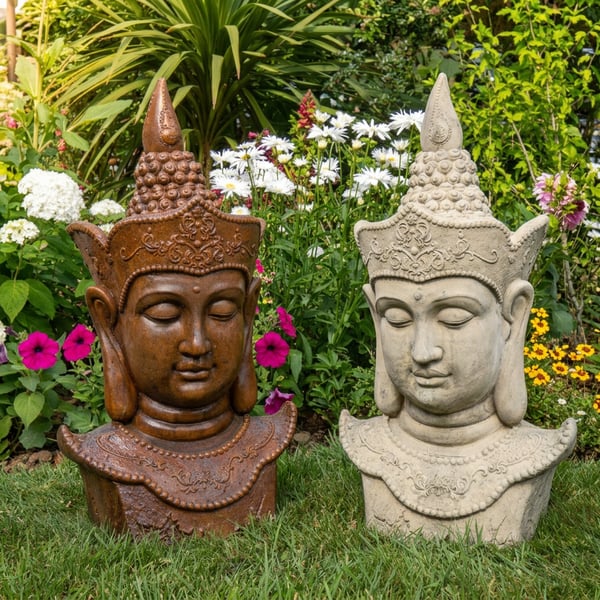 Large Thai Buddha head stone garden statue among foliage
