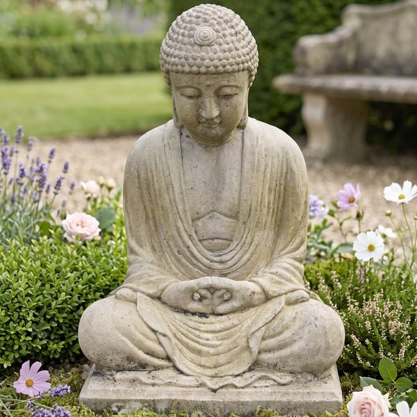Seated meditating stone Buddha statue as a zen garden focal point