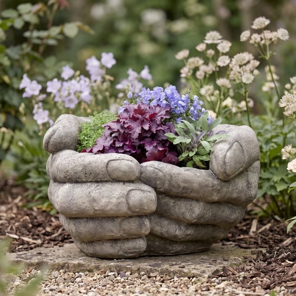 Cupped Hands Stone Garden Planter shaped as two open hands