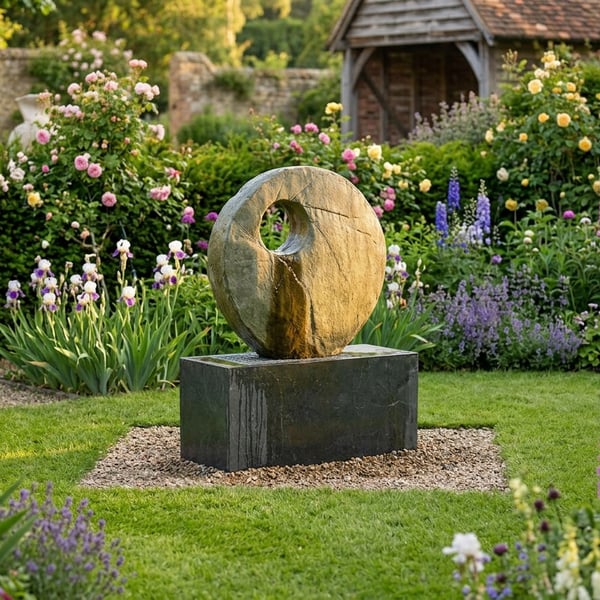 Viewpoint cast-stone fountain on a rectangular plinth in a garden