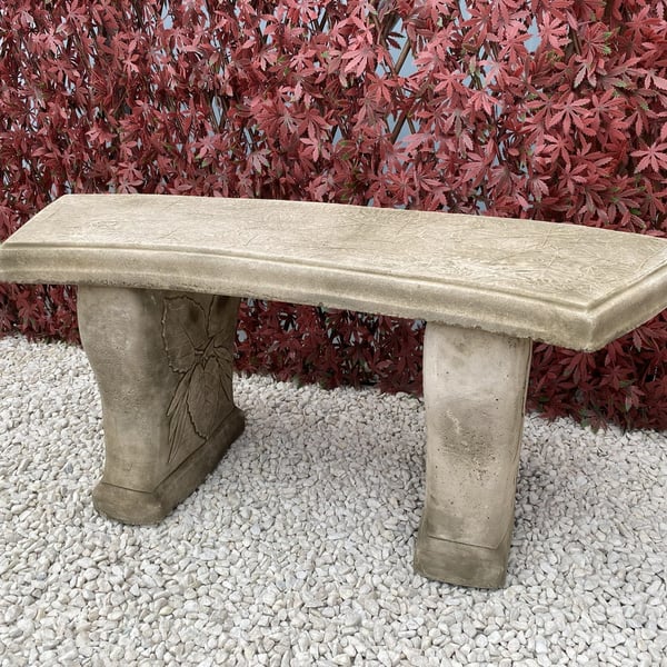 Curved Leaf Stone Garden Bench in Stone with leaf motifs on both legs
