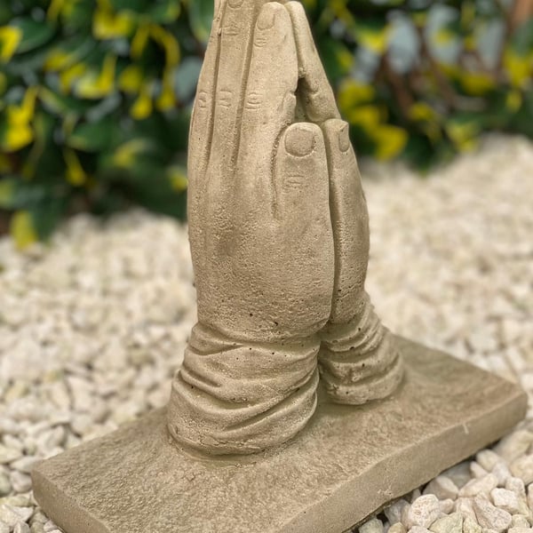 Praying Hands Garden Ornament in Stone on a square base