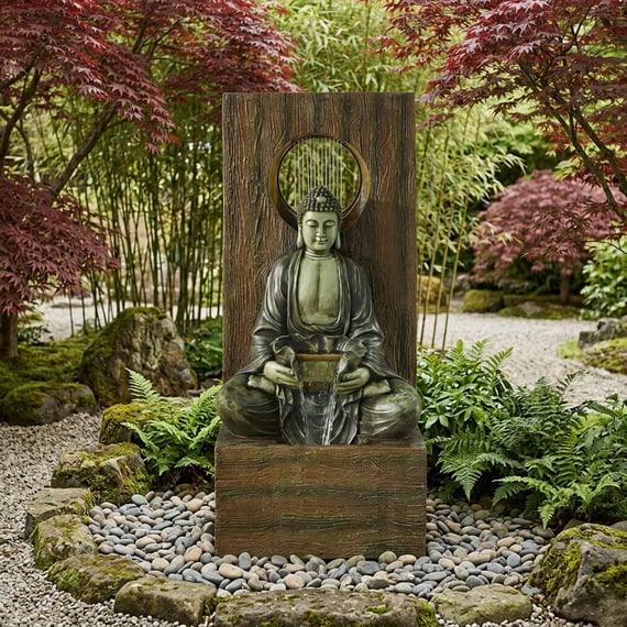 Heavenly Buddha self-contained water feature in a calm zen-style garden