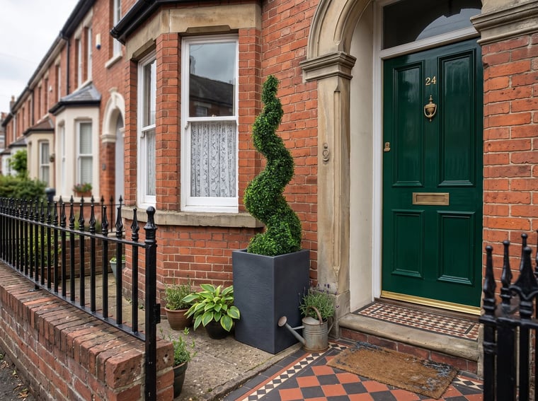 Artificial topiary boxwood spiral 120cm in a planter by a terraced front door