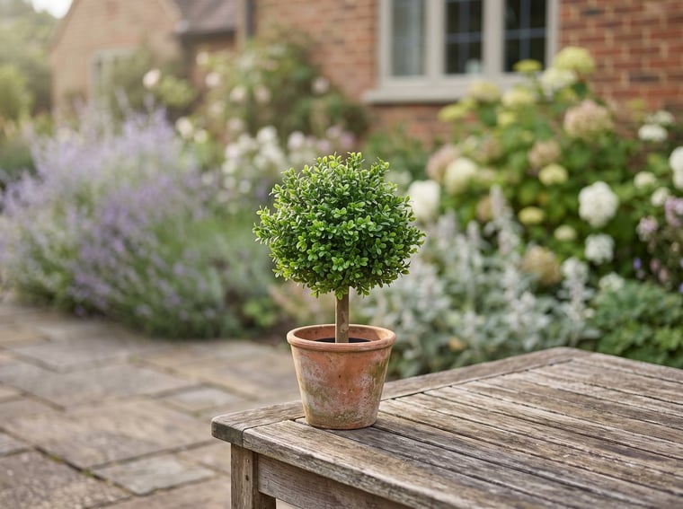 Artificial topiary buxus ball 30cm in a terracotta pot on a garden table